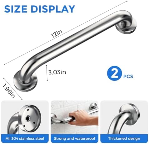 2 Pack Shower Grab Bar, Stainless Steel Bathroom Grab Bar, Shower Handle Bath Handle, Safety Bars for Shower Chair Bench, Grab Bars Senior, Elderly, Handicap(12 Inch)