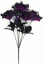 Gothic Halloween Artificial Rose Bouquet, Black Purple Flowers with Glitter Spiders, Skull Decorations, 2-Pack