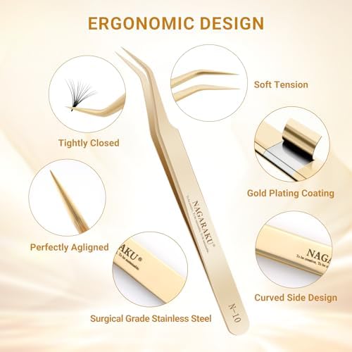 NAGARAKU Professional Eyelash Extension Tweezers, Precision Tip Stainless Steel Gold Lash Tool Curved Angled for Individual & Volume for Salon & Personal Use, Easy Fanning Volume Pinzas (N-10)
