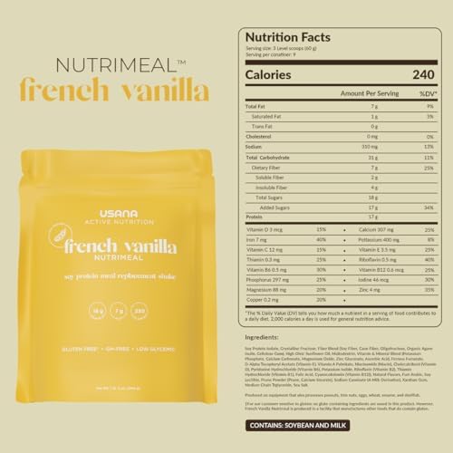 USANA Nutrimeal Meal Replacement Shake - French Vanilla - NON-GMO - Gluten Free - Low Glycemic - 540 Grams - 9 Servings