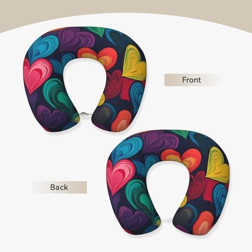 Colorful Love Hearts Memory Foam Travel Pillow, Soft U-Shaped Neck Support with Washable Cover and Adjustable Snap for Travel & Rest