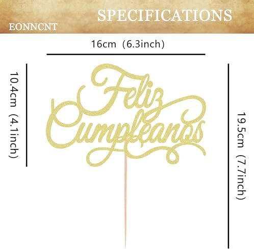 Feliz Cumpleaños Cake Topper - Gold Glitter Spanish Happy Birthday Party Cake Decoration Supplies - Mexico Fiesta Theme Birthday Cake Decor, Photo Booth Props