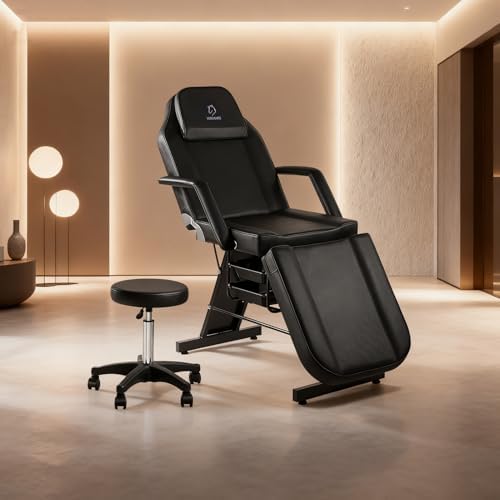Facial Chair, 73 Tattoo Chair for Client, 3-Section Adjustable Massage Table with Stool, Multipurpose Beauty Beds Salon Equipment for Esthetician, Tattoo Shop, Spa (Black)