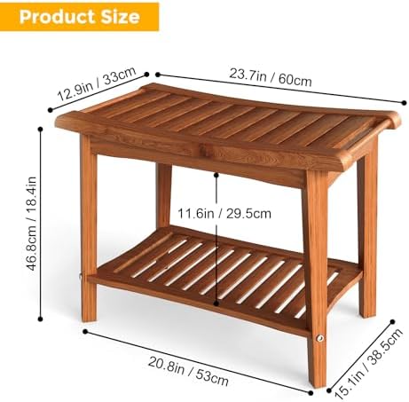 ZJchao Shower Bench, 60x33x46cm Wood Ergonomic Shower Stool with Storage Shelf and Handles Shower Stool Bath Bench for Bathroom Spa Outdoor Use Elegant Shower Seating Solution (Brown)