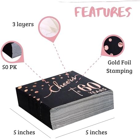 Rose Gold Cheers to 60th Cocktail Napkins Folded 5 x 5 Inches Disposable Party Napkins 3-Ply Paper Beverage Napkins for 60th Birthday Decorations, Wedding Anniversary, Retirement, Black (60 Years)