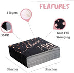 Rose Gold Cheers to 60th Cocktail Napkins Folded 5 x 5 Inches Disposable Party Napkins 3-Ply Paper Beverage Napkins for 60th Birthday Decorations, Wedding Anniversary, Retirement, Black (60 Years)