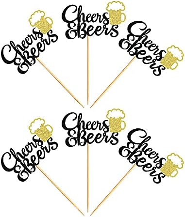 Ercadio 24 Pack Cheers and Beers Cupcake Toppers with Glitter Beer Mug Cupcake Picks Baby Shower Birthday Beers Festival Themed Party Cake Decorations Supplies Black