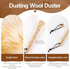 Lambswool Duster for Cleaning with Solid Wooden Handle Leather Hang Strap 14.9 inch Natural Feather Duster for Cleaning Ceiling Fans Window Blinds Computer Furniture(2 Pack)