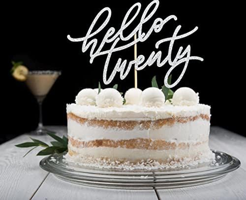 Hello Twenty Cake Topper, Happy 20th Birthday Cake Decorations, Handwriting Script 20th Anniversary Party, Silver Glitter