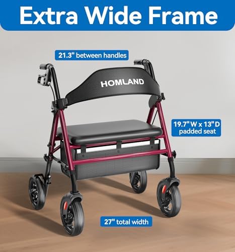 HOMLAND Bariatric Walkers for Seniors, 500lb Heavy Duty Rollator Walker with Extra Wide Padded Seat, 8” All Terrain Foldable Rolling Walker with Dual-Height Adjustable