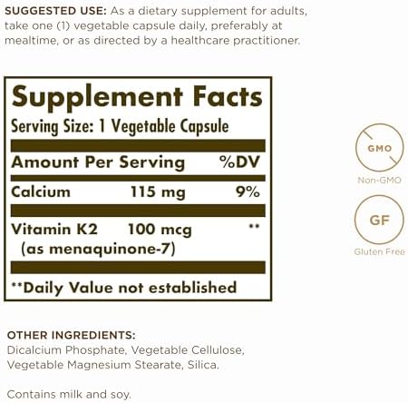 Solgar Naturally Sourced Vitamin K2 (MK-7) 100 mcg - 50 Vegetable Capsules, Pack of 2 - Supports Bone Health - Whole Food Source from Natto Extract - Non-GMO, Gluten Free - 100 Total Servings