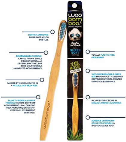 Woobamboo! Bamboo Toothbrush - Adult - Super Soft, BPA Free Nylon Bristles, Eco-Friendly, Plastic Negative, Biodegradable, Compostable, Vegan (Pack of 4)