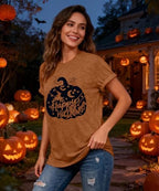 Women's Pumpkin Graphic Shirt Cute Happy Halloween Letter Print Tee Novelty Athletic Short Sleeve Tops