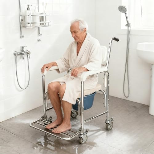 4-in-1 Commode Chair, Transport Bedside Commode Chair Padded Seat with Wheels, Rolling Shower Wheelchair for Adults, Senior, Elderly, Handicap, Disabled, Weight Capacity 300lb (U Shape Cushion)
