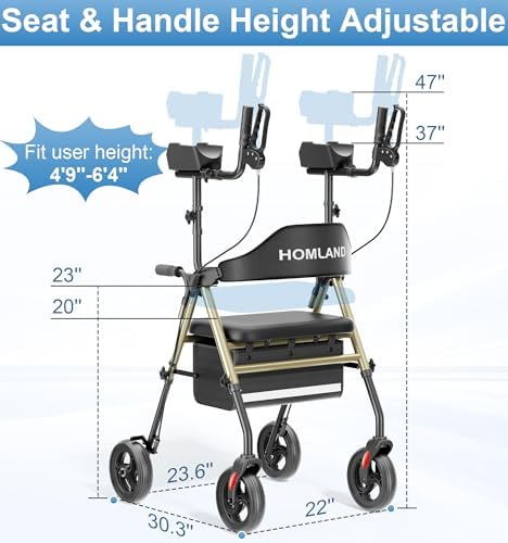 Upright Walkers for Seniors, Stand Up Rollator Walker with Adjustable Padded Armsupport & Seat, Folding Rolling Walker with 8'' Wheel Suitable for All Terrain, Champagne