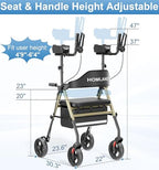 Upright Walkers for Seniors, Stand Up Rollator Walker with Adjustable Padded Armsupport & Seat, Folding Rolling Walker with 8'' Wheel Suitable for All Terrain, Champagne