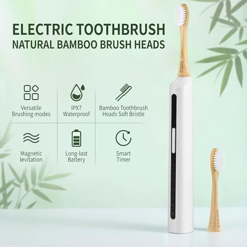 Bamboo Electric Toothbrush丨Rechargeable Electric Toothbrush with 4 Bamboo Heads, Soft Castor Oil Bristles,5 Moedes&3 Intensities, 45 Days Battery Life, IPX7 Waterproof-White