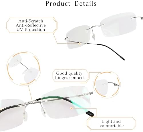 LifeArt Blue Light Blocking Computer Reading Glasses,Men's and Women's Rimless Frame (Silver, +2.00 Magnification)