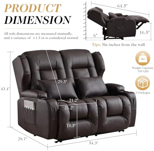 Loveseat Recliner Sofa,RV Wall Hugger Recliners for Small Spaces,Reclining Loveseat Sofa Recliner with Cup Holders/Lumbar Pillows,RV Furniture (Brown, Loveseat)