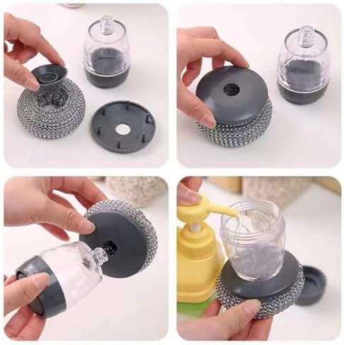 Soap Dispensing Dish Brush Cleaning Steel Wool Scrubber for Dishes Pans Kitchen Sink Bathtub Tile and Household