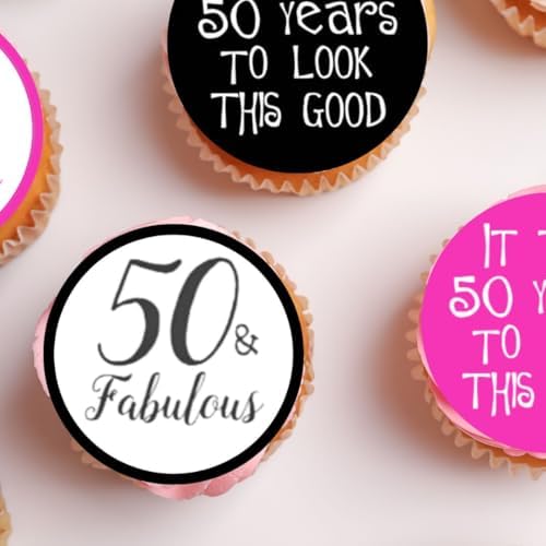 50th Birthday Edible Cupcake Toppers, Pink 50 and Fabulous Edible Cake Decorations for Women, Fifty Wafer Card Cookie Decorations, 50th Birthday Party Favors, 24 x 4cm / 1.5 Inch