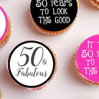 50th Birthday Edible Cupcake Toppers, Pink 50 and Fabulous Edible Cake Decorations for Women, Fifty Wafer Card Cookie Decorations, 50th Birthday Party Favors, 24 x 4cm / 1.5 Inch