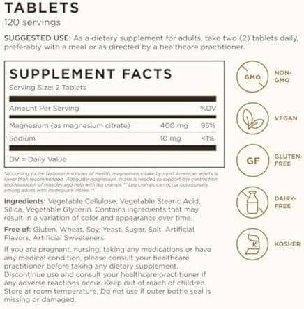 Solgar Magnesium Citrate, 120 Tablets - Promotes Healthy Bones - Supports Nerve & Muscle Function - Non GMO, Vegan, Gluten Free, Dairy Free, Kosher - 60 Servings, Standard Packaging