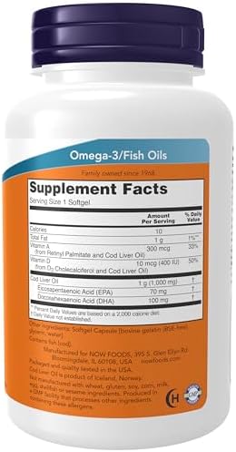 NOW Foods Supplements, Cod Liver Oil, Extra Strength 1,000 mg with Vitamins A & D-3, EPA, DHA, 90 Softgels
