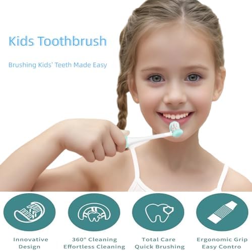 Kids Toothbrush Medium,Child Toothbrush Soft Bristle,Toddler Tooth Brushes 3 Sided,Brushing Kids Teeth Made Easy and Efficient,Pack 2 (Yellow+Bule)
