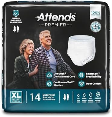 Attends Premier Adult Incontinence SmartCool® Underwear, X-Large (58-68"), [14 Count] - Overnight Absorbency for Men and Women, Disposable Pull-On Diapers with Tear-Away Sides, ALI-UW40