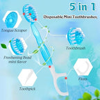50 Pack Individually Wrapped Disposable Mini Travel Toothbrushes, 5 in 1 Pre-Pasted Toothbrush Brush+Floss+Pick+Tongue Scraper On The Go Portable Toothbrush with Freshening Bead, Coolmint
