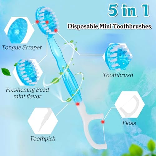 50 Pack Individually Wrapped Disposable Mini Travel Toothbrushes, 5 in 1 Pre-Pasted Toothbrush Brush+Floss+Pick+Tongue Scraper On The Go Portable Toothbrush with Freshening Bead, Coolmint