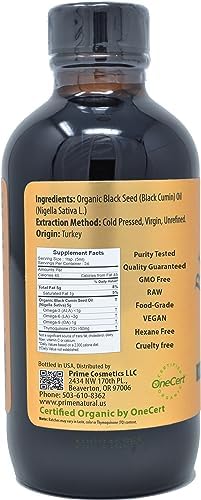 Prime Natural Organic Black Seed Oil 4oz - Cold Pressed Unrefined High Thymoquinone 1.7% USDA Certified - Turkish Origin Potent Nigella Sativa Liquid - Vegan Omega 3 6 9, Antioxidant