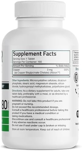 Bronson Copper Glycinate 3mg Chelated Superior Absorption Non-GMO, 180 Vegetarian Tablets