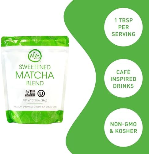 Aiya Sweetened Matcha Blend Powder - Matcha Latte Powder With Antioxidant-Rich Japanese Green Tea & Pure Cane Sugar - Ideal for Smoothies, Lattes, and Culinary Creations - 1kg Bag (2.2 lbs)