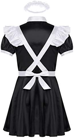 YiZYiF Adult Men's Frilly Satin French Maid Uniform Crossdressing Lingerie Outfit Set