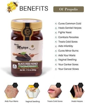 Black Seed Honey with Propolis - Not Mixed with Oil or Powder - Gluten Free - Non GMO - Organic Honey - Immune Booster - 100% Natural Raw Honey (250g /8.8oz)