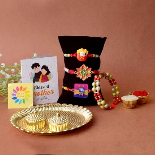 SATVIK Combo Set of 4 - Rakhi Family (1 Bhaiya +1 Bhabhi Lumba + 2 Rakhi for Brother Bhabhi Traditional Handmade Designer Rakhi with Puja Plate, Roli Chawal, Greeting Card & Sita-Ram Sticker