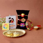 SATVIK Combo Set of 4 - Rakhi Family (1 Bhaiya +1 Bhabhi Lumba + 2 Rakhi for Brother Bhabhi Traditional Handmade Designer Rakhi with Puja Plate, Roli Chawal, Greeting Card & Sita-Ram Sticker
