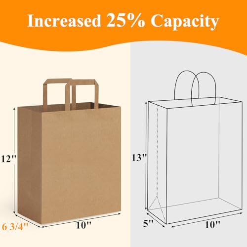 BagDream 100Pack 10x6.75x12 Kraft Brown Paper Bags with Handles Bulk, Gift Shopping Merchandise Retail To Go Bags for Takeout Containers, Flat Handles Wider-gusset Recycled Paper Sacks