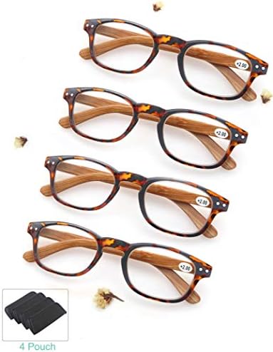 MODFANS 4 Pack Reading Glasses 1.5 Fashion Wood-Look Spring Hinges Stylish Readers Men Women Demi