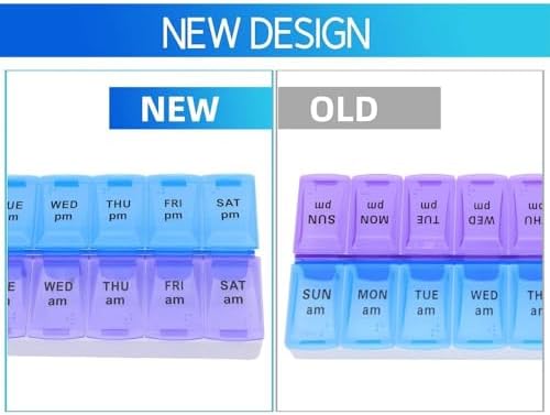 7-Day Weekly Pill Organizer and Daily Vitamin Case - Pill Box for Medication Management 14 Compartments—Perfect for Home, Travel, or The Office. Plus, (Purple/Blue)
