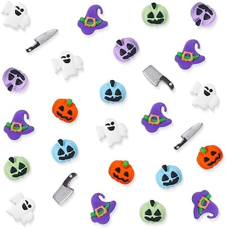 Edible Halloween Cake Decorations, 27 Count Royal Icing Toppers for Cakes, Cookies, Cupcakes - Pumpkin, Ghost, Witch Hat, Knife, Axe Icing Decoration - Spooky Baking Supplies for Halloween Party