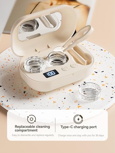 Ultrasonic Contact Lens Cleaner Machine Rechargeable Portable USB Powered 3 Modes ABS with Mirror for Gym Sports Running Fitness Outdoor Travel Office Hotel(1pc)
