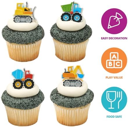 DecoPac Construction Rings, Cupcake Decorations, Construction Vehicle Cupcake Toppers, Mixer Truck, Excavator, Dump Truck & Bulldozer, Food Safe Cake Topper – 24 Pack