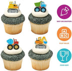 DecoPac Construction Rings, Cupcake Decorations, Construction Vehicle Cupcake Toppers, Mixer Truck, Excavator, Dump Truck & Bulldozer, Food Safe Cake Topper – 24 Pack