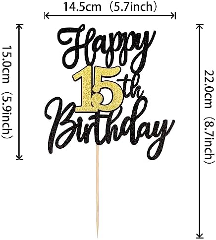1 PCS Happy 15th Birthday Cake Topper Black Gold Glitter Cheers to 15 Years Birthday Cake Pick 15 Fabulous Cake Decoration for Happy 15th Birthday Anniversary Party Cake Decorations Supplies