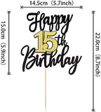 1 PCS Happy 15th Birthday Cake Topper Black Gold Glitter Cheers to 15 Years Birthday Cake Pick 15 Fabulous Cake Decoration for Happy 15th Birthday Anniversary Party Cake Decorations Supplies