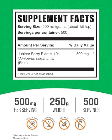 BulkSupplements.com Juniper Berry Extract Powder - from Juniper Berries, Juniper Berry Powder - Gluten Free, 500mg per Serving, 250g (8.8 oz) (Pack of 1)
