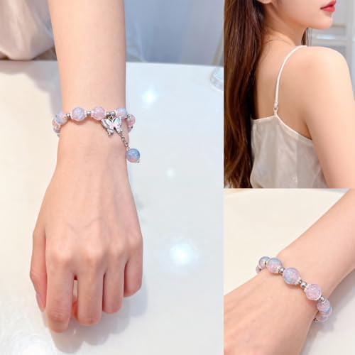 Crystal Butterfly Floral Charm Bracelet for Women, Elegant Adjustable Stretch Bracelet with Butterfly & Flower Beads, Dainty Bohemian Beaded Jewelry Gift